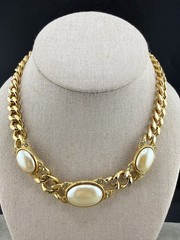 Vintage Rhinestone Necklace Gold Tone Faux Pearl 16” READ
