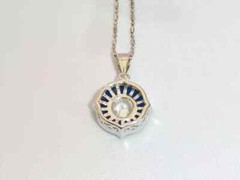 Art Deco Style Lab Created Diamond Sapphire Engagement 14K White Gold FN Pendant