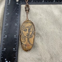Vintage Necklace Hand Painted Portrait Double Sided Egyptian Revival Copper 28”