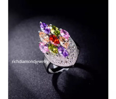 Marquise Shape Multi Color Gemstones & Lab-Created White Diamonds Cluster Ring