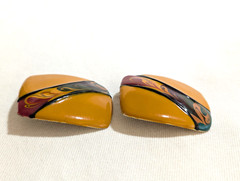 Vtg abstract earrings square enamel modern swirl art design pierced post mustard