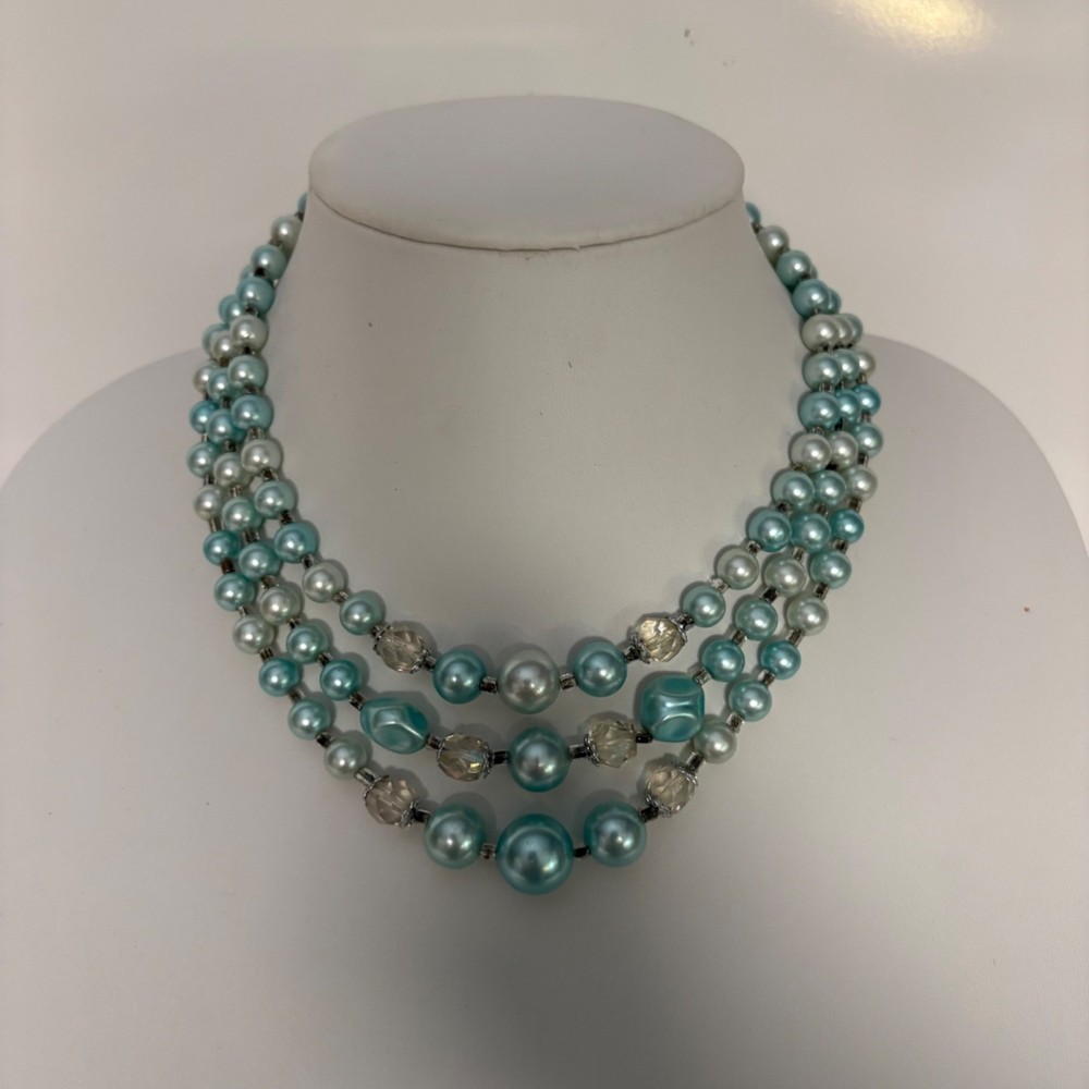Vintage Triple Strand Faux Pearl Necklace Aqua Blue Beaded 50s Japan