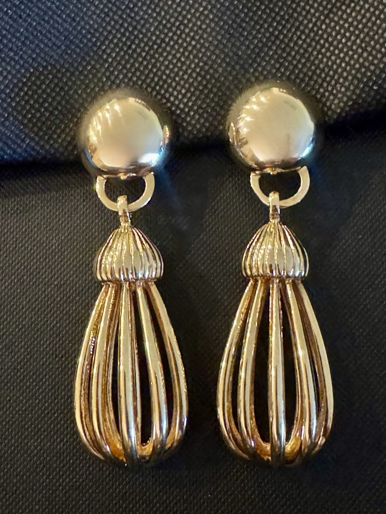 Vintage Gold Tone Cage Tassel Dangle Drop Earrings Runway Statement Jewelry 80s