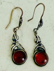 Vintage Sterling Silver Cognac Amber Cabochon Drop Earrings | Ornate Leaf Vine D