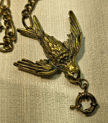 Vintage Swallow Gold-Tone Chatelaine For Sweater or Cloak 29in chain