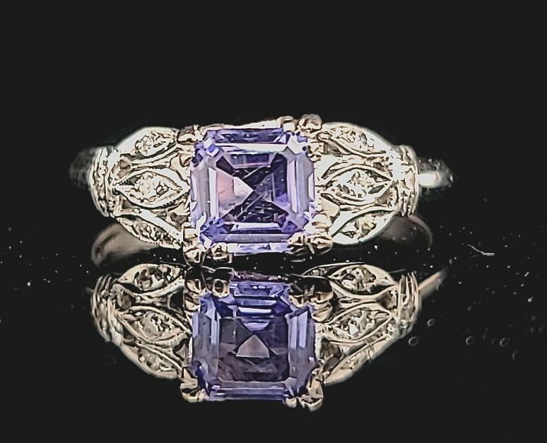 Vintage Platinum Engagement Ring 1.03CT. Natural Blue Sapphire Radiant Shape
