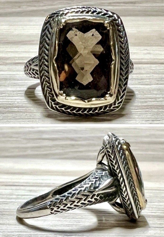 Vintage Designer Sterling Silver & Gold Brown Faceted Quartz Ring, Size 9.75