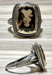 Vintage Designer Sterling Silver & Gold Brown Faceted Quartz Ring, Size 9.75