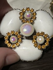 Vintage Milk Glass Opaline Cabs Topaz Large Silver Tone Brooch Pin