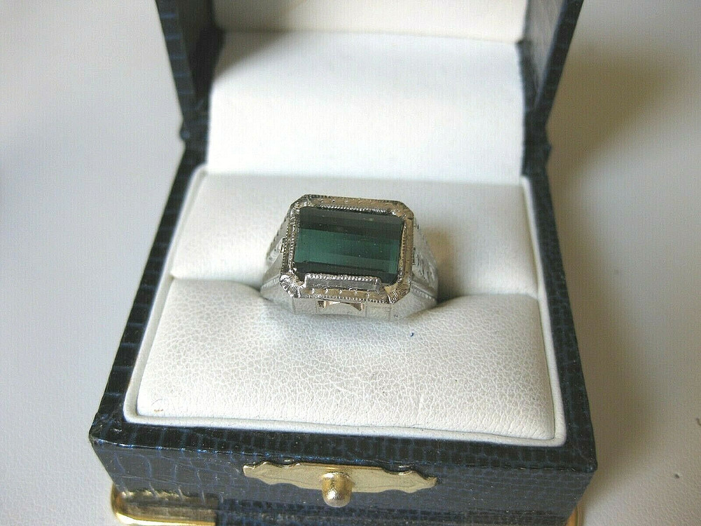 BELAIS ANTIQUE 10K WHITE GOLD RING with FINE NATURAL GREEN TOURMALINE,ART DECO