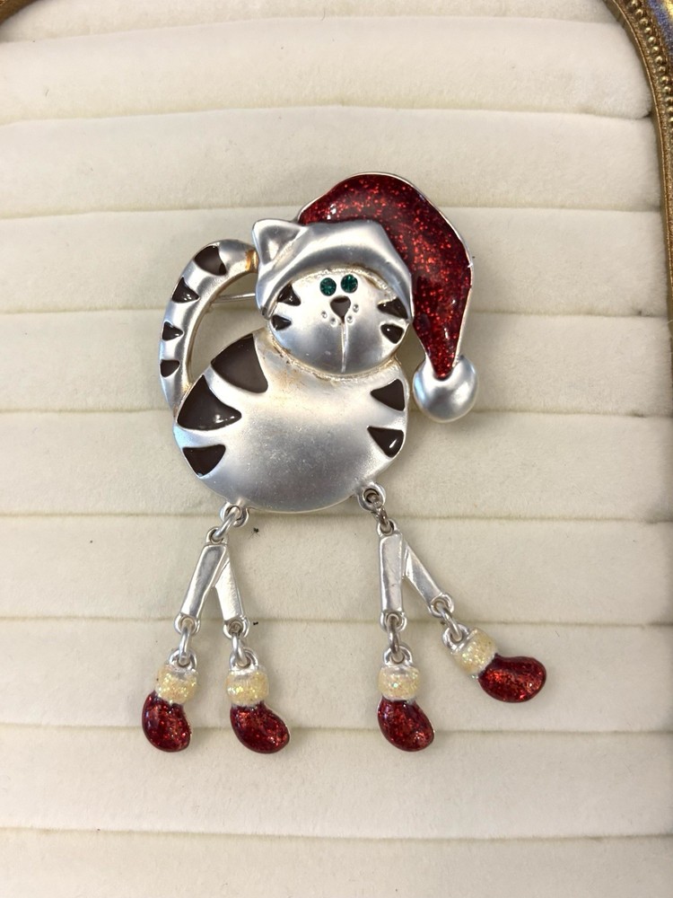 Green Eyed Christmas Cat Brooch Pin Articulated Red Cap Mittens Sparkle Enamel