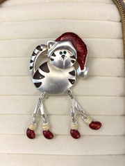 Green Eyed Christmas Cat Brooch Pin Articulated Red Cap Mittens Sparkle Enamel