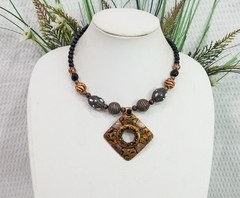 Vintage Tribal Back & Brown Beaded Neck Ring with Enameled Copper Square Pendant