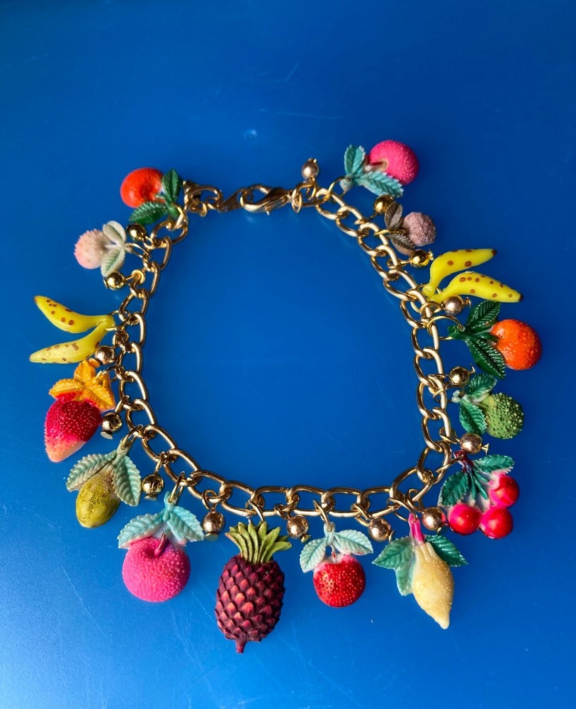 Fun Bright Cheerful Vintage 1960s Fruits Tutti Frutti Fruit Charm Bracelet