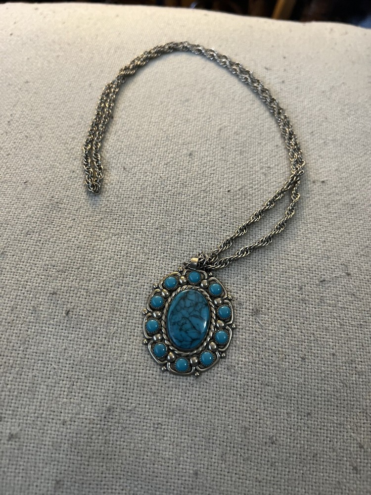 VTG NICKEL SILVER BELL BRAND FAUX TURQUOISE NECKLACE AND PENDANT 28”