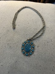 VTG NICKEL SILVER BELL BRAND FAUX TURQUOISE NECKLACE AND PENDANT 28”