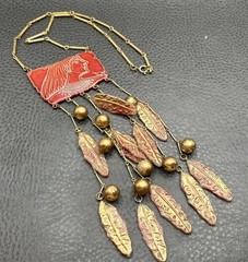 Vintage Lady Face Egyptian Revival Red Huge Waterfall Fringe Dangle Necklace 18”