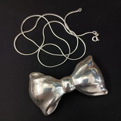 Vintage Sterling Silver Bow Necklace Brooch Puffy Tie Modernist 80s Israel Bold