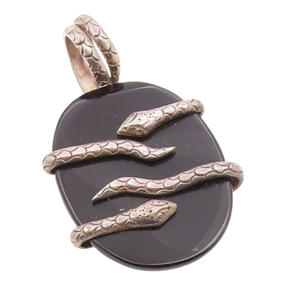 925 Sterling Silver Vintage Pendant Black Onyx Classic Entwined Snake PT26095