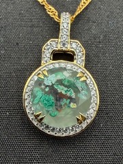 JTV Foil Glass Silver 925 Pendant Necklace Green Aventurine Flake Gold Tone 19″