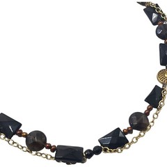 Barse Designer Necklace Gold Tone Onyx Smokey Quartz Brown Pearl 25.25in