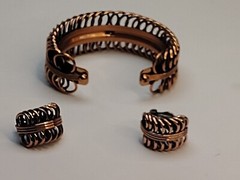 Vintage Renoir Signed Copper Coil MCM Cuff Bangle Bracelet & Clip On Earring Set
