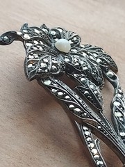 Antique Markasite Flower brooch with Akoya pearl- 800 Silver