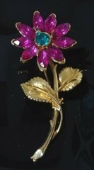 Vintage Figural Fucshia Pink and Teal Green Rhinestone Brooch Pin Signed EDLEE
