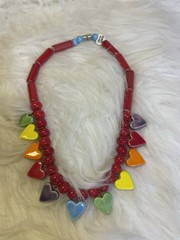 Vintage Flying Colors Ceramic Rainbow Heart Necklace 16” Pride Red Beads