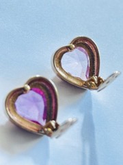 Vintage Gold Tone Pink Heart Crystal Clip On Earrings Romantic Statement