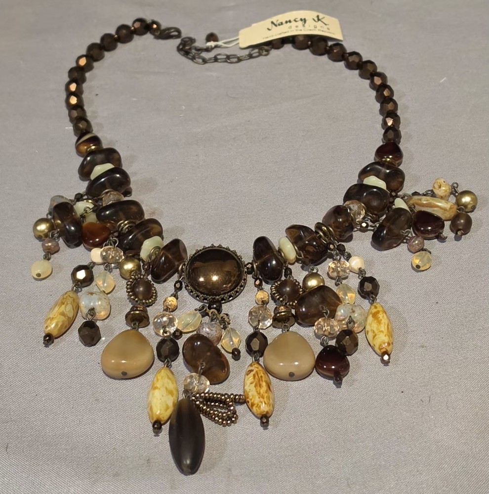 VINTAGE NANCY K CZECH REPUBLIC BIB 20″ CRYSTAL BROWNS NATURE GLASS NECKLACE