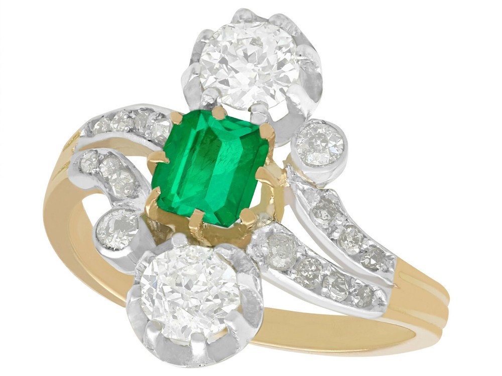 Antique 1880s 1.12 Ct Diamond 0.60 Ct Emerald 18k Yellow Gold Twist Ring 6 1/8