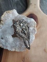 Antique Markasite Flower brooch with Akoya pearl- 800 Silver