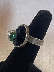 Vintage Awesome! Sterling Silver MCM Modernist Onyx Malachite Ring Size 6 (8gr)