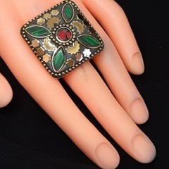 Vintage 2.50ctw Coral & Malachite 14K Yellow Gold Silver Adjustable Ring 14.4g