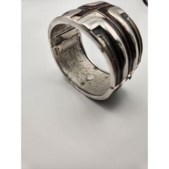 Lanvin Paris Vintage Art Deco Enamel Hinged Cuff Bracelet Silver Brown Black