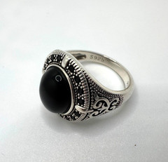 Vintage 925 Sterling Silver Statement Gents Onyx Engraved Signet Time Gothic