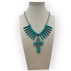Turquoise Spike Bead & Cross Pendant Necklace – Southwestern Boho Chic Statement