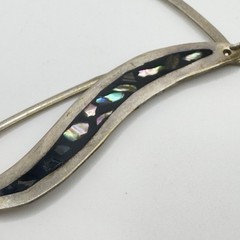 Vintage Mexican Alpaca Abalone Inlay Necklace 17″ Panel Link Drop Pendant