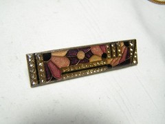 …Vtg/Antique Silver Tone, Enamel, Rhinestones Abstract Flowers Design Brooch..