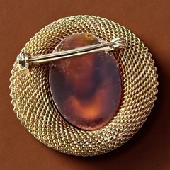 Cameo Brooch Pin Gold Tone Mesh Vintage Lady Portrait Victorian Revival