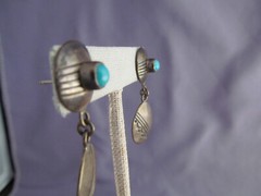 VINTAGE OLD PAWN STERLING EB EUGENE BELONE TURQUOISE OVAL DANGLE PIERCE EARRINGS