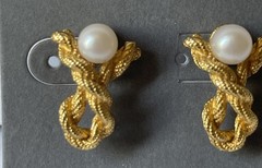 Vintage Gold Tone Knotted Rope Pearl Earrings