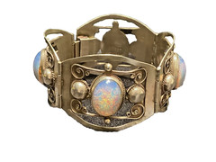 Vintage Taxco Mexico Sterling Silver Faux Fire Opal Link Panel Patina Bracelet
