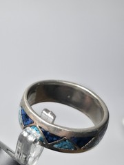 Vtg Silver-Tone Turquoise/Blue Chip Triangle Inlay Band Ring Sz 8 Southwestern