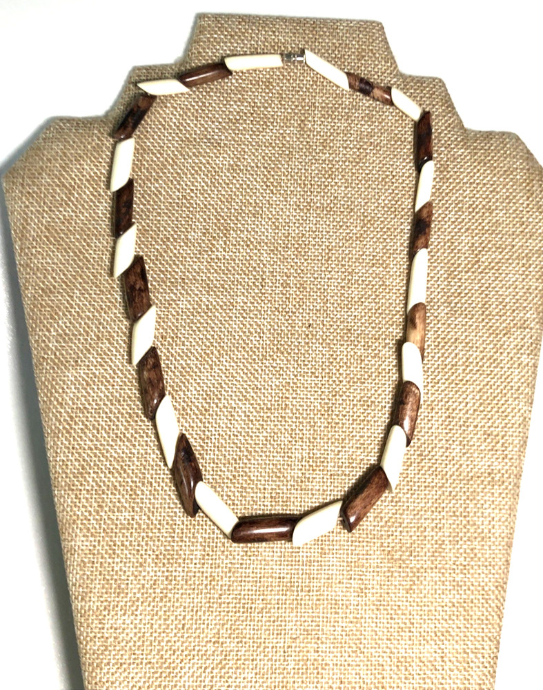 Vintage Brow white bone horn long bead necklace 19” long