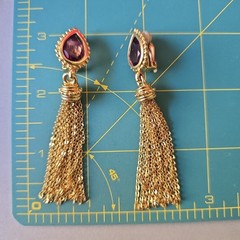 Vintage High End Gold Tone Amethyst Glass Bezel Accents Tassels Earrings Clip on