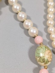 Vintage Peach Green Rose Flower Faux Pearl Beaded Necklace 30 in
