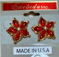 AUTHENTIC SWOBODA FLOWER EARRINGS ~ CARNELIAN, PEARL ~ PIERCED~STUNNING!