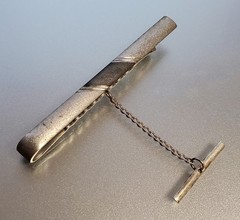 925 Tie Clip 2.5in Sterling Silver 8g Two Tone Gray Engine Turn Chain Bar Estate